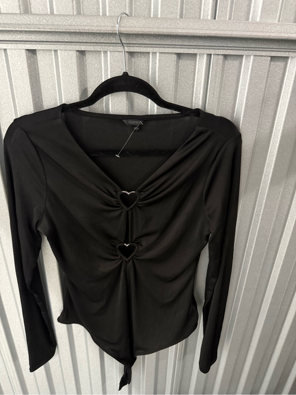 GUESS Black Long Sleeve Bodysuit with Heart Ring Accents